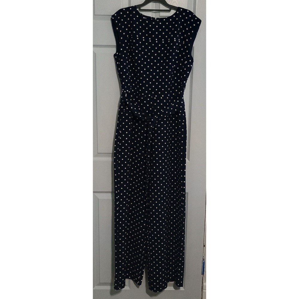 New York & Company Sleeveless Wide Leg Jumpsuit Medium Navy Polka Dot Pockets